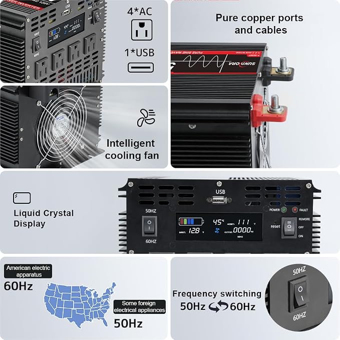 5000 Watt Pure Sine Wave Power Inverter, 12V DC to 110V/120V AC Converter 10000W Peak, with Remote Control LCD, 4 AC Outlets & USB Port & Hardwire Terminal, for Car Truck RV Camping Solar System EPS