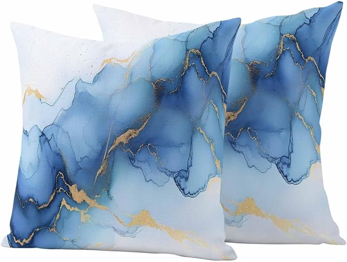 Abstract Marble Texture Outdoor Waterproof Throw Pillow Covers Set of 2, 26"x26", Gold Blue Gradient Modern Art Decoration Decorative Pillow Covers Outside Cushion Case for Patio Porch Garden