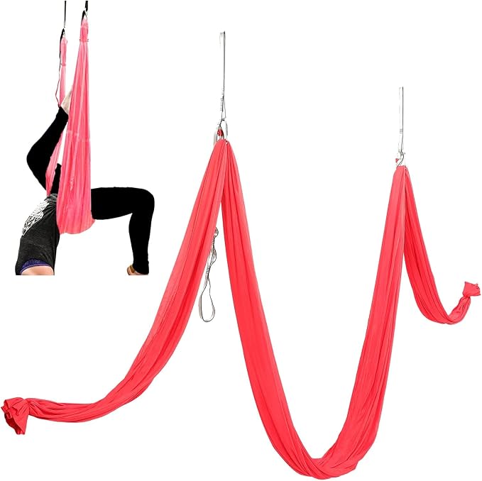KUAFU 6.56 Yards Aerial Silks for Home Yoga Swing Therapy Swing Aerial | Hammock w/Extension Straps, o-Slings, Carabiners Red