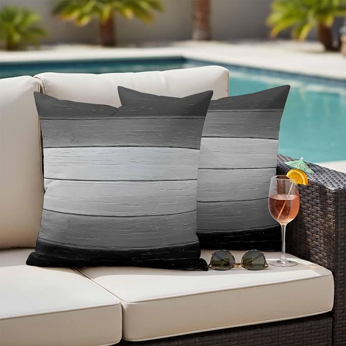Black Gray Outdoor Pillow Covers 18x18 Inch Throw Pillow Covers Set of 2 Waterproof Decorative Pillow Cases Farmhouse Vintage Gradient Wooden Plank Cushion Covers for Patio Furniture Garden Couch Sofa