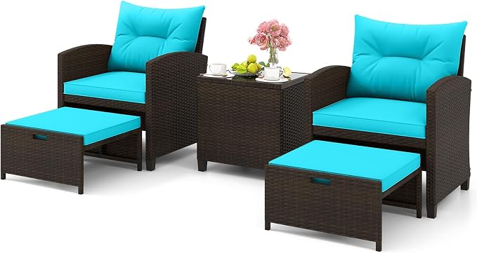 ORALNER 5 Pieces Patio Furniture Set with Ottoman, Wicker Conversation Set w/Cushions, Glass Coffee Table, Outdoor Rattan Lounger Chairs Bistro Set for Porch Balcony Garden Deck Poolside (Turquoise)