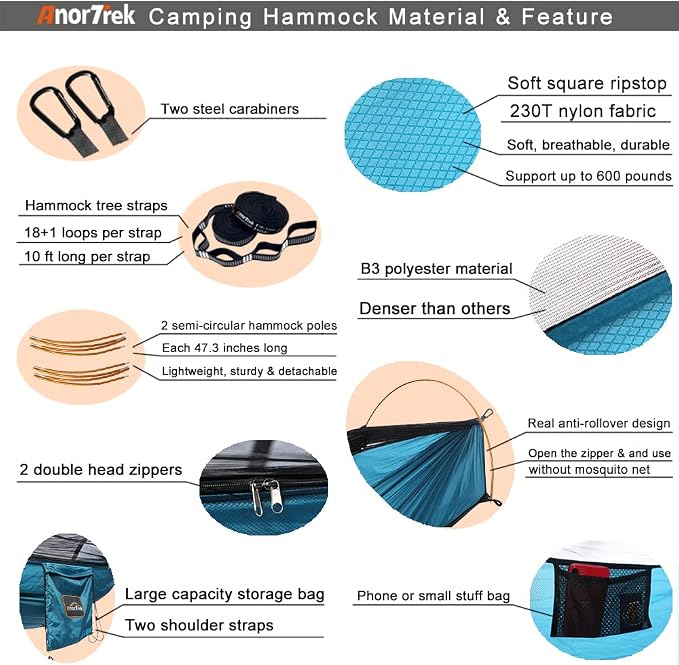 AnorTrek Camping Hammock with Mosquito Net and Rain Fly Tarp, Portable Double Hammock with Two Tree Straps, 230T Nylon Hammock and Waterproof Rain Fly Set for Hiking, Backpacking, Overnight (Blue)