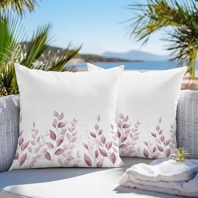 Pink Eucalyptus Outdoor Waterproof Throw Pillow Covers 18x18 Set of 2, Leaf Plants Watercolor Plant White Decorative Pillowcases Cushion Pillowcase for Couch Sofa Patio Outside Pillow Protector