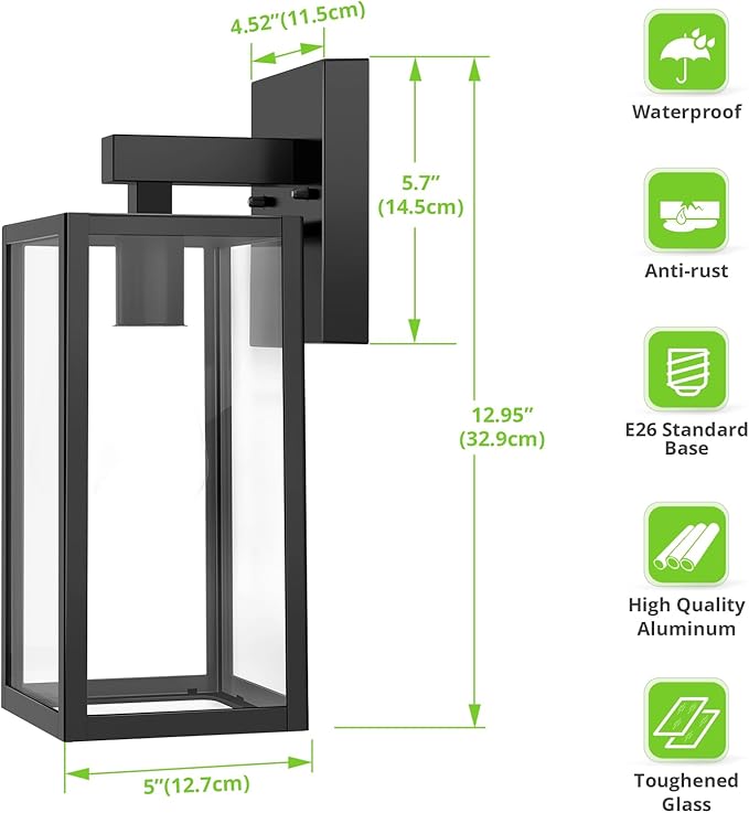 MAXvolador Outdoor Wall Sconce, Exterior Waterproof Wall Lantern Light Fixtures, Black Porch Lights with Toughened Glass Shade, Anti-Rust E26 Socket Front Door Mount Lighting, 2 Pack | Black Porch Wall Lights, Anti-Rust, E26 Socket, Clear Glass Outside...