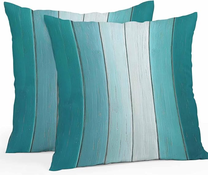 Throw Pillow Covers 26x26 Inch Set of 2, Aqua Ombre Waterproof Outdoor Cushion Covers, Vintage Country Wooden Decorative Pillowcases for Couch, Sofa, Bed, Garden, Patio