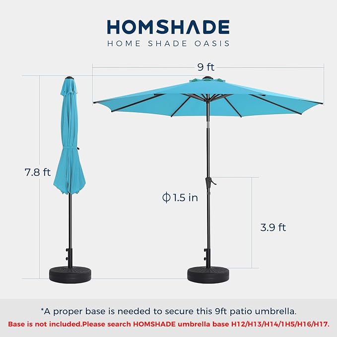 HOMSHADE 9ft Outdoor Patio Umbrella - UPF50+ UV Protection Market Patio Table Umbrella with Push Button Tilt, Crank and 8 Sturdy Ribs for Pool Deck and Garden (Light Blue, No base)