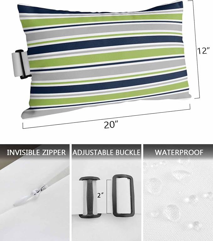 Pack of 4 Outdoor Lumbar Pillow Covers 12x20 Inch, Green Gray Striped Waterproof Throw Pillow Covers Set, Farmhouse Stripes Modern Abstract Art Outside Decorative Cushion Cases for Patio Porch Car