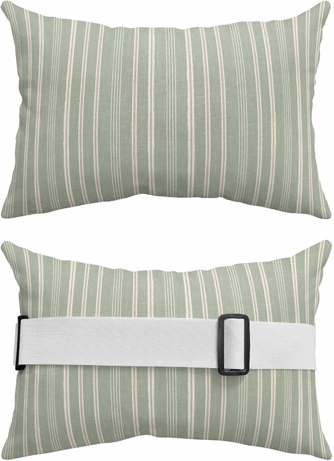 Pack of 2 Outdoor Lumbar Pillow Covers 11x16 Inch, Sage Green Striped Waterproof Throw Pillow Covers Set, Farmhouse Stripes Modern Vintage Indoor&Outdoor Decorative Cushion Cases for Patio Porch Car