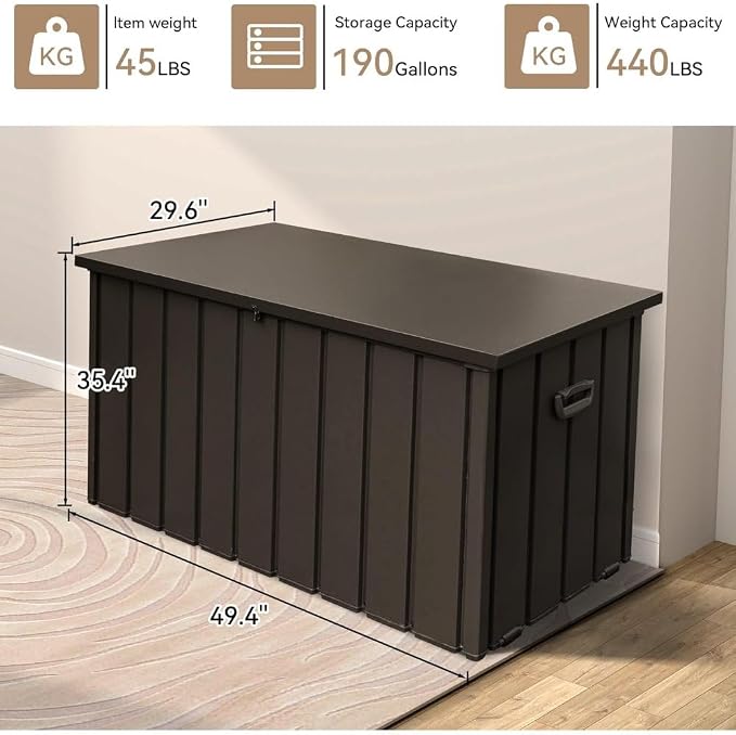 Large 120-Gallon Waterproof Outdoor Storage Box for Patio, Deck, or Poolside – Durable Weather-Resistant Design with Lockable Lid (190 Gallon (Dark Brown))