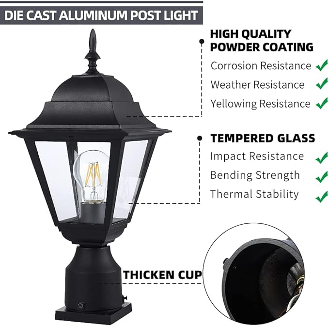 Windben Outdoor Post Light, Waterproof, 16.5in, Matte Black | Cast Aluminum Anti-Rust, Tempered Glass Panels, Comes with Pier Mount Base, For Garden, Yard, Driveway