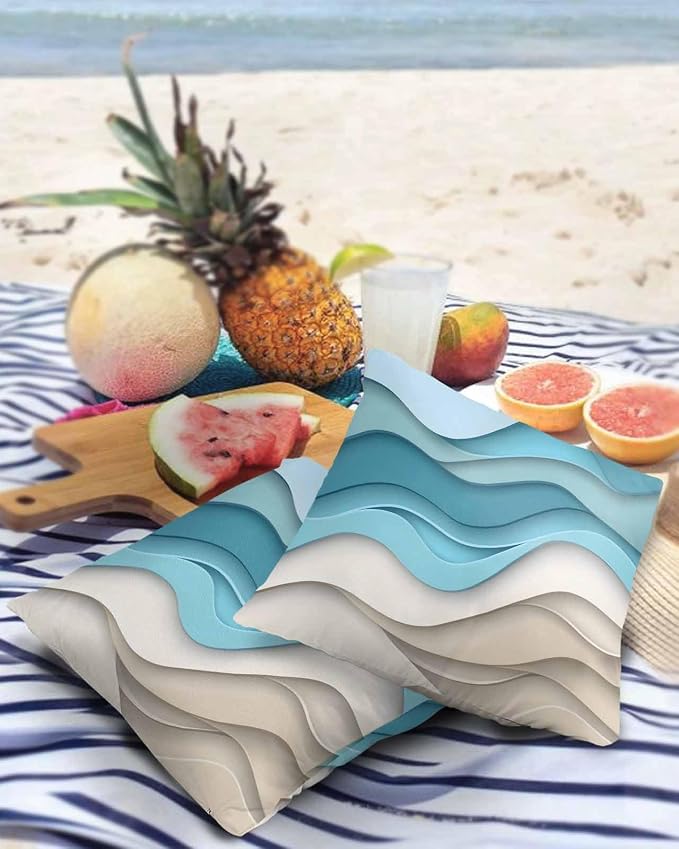 Pack of 2 Ombre Blue Brown Outdoor Pillow Waterproof Covers 20x20 inch, Abstract Wave Polyester Throw Pillow Covers Garden Cushion Decorative Case for Patio Couch Decoration