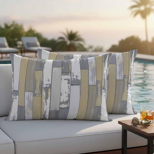 Yellow Gray Outdoor Pillow Covers 20x12 Inch Lumbar Pillow Covers Set of 2 Waterproof Decorative Throw Pillow Cases Rustic Vintage Shabby Mottled Wood Grain Cushion Covers for Patio Furniture Garden
