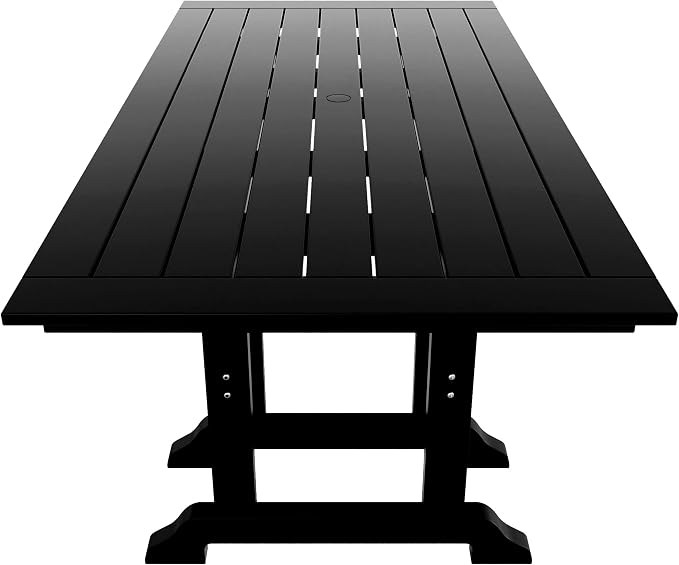 WestinTrends Malibu 6 Piece Outdoor Dining Set with Bench, All Weather Poly Lumber Patio Table and Chairs Set, 71" Trestle Dining Table with Umbrella Hole, 5 Patio Chairs with Bench, Black