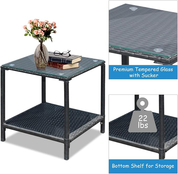 Tangkula 3 Pieces Patio Wicker Rocking Bistro Set, Outdoor Rocking Chair Furniture Set w/Cushioned Seat, Conversation Set w/Glass Coffee Table and Storage Shelf (Turquoise)