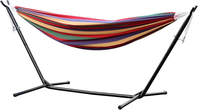 Double Hammock with Space Saving Metal Stand, 440 lb Capacity, Premium Striped Camping Hammock Portable for Outside, Carry Bag Included