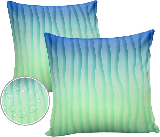 Outdoor Waterproof Pillow Covers Set of 2, Simple Abstract Geometric Blue Green Gradient Lines Patio Throw Pillow Covers, Decorative Cushion Case for Couch Sofa Furniture Garden, 20x20 Inch