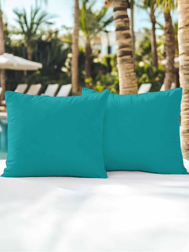 Waterproof Outdoor Pillow Set of 2 Teal Green Decorative Throw Pillows Cover & Insert 16x16 Inch Pillowcase Solid Teal Color Square Pillows for Couch Sofa Bed Patio Furniture Indoor Outdoor