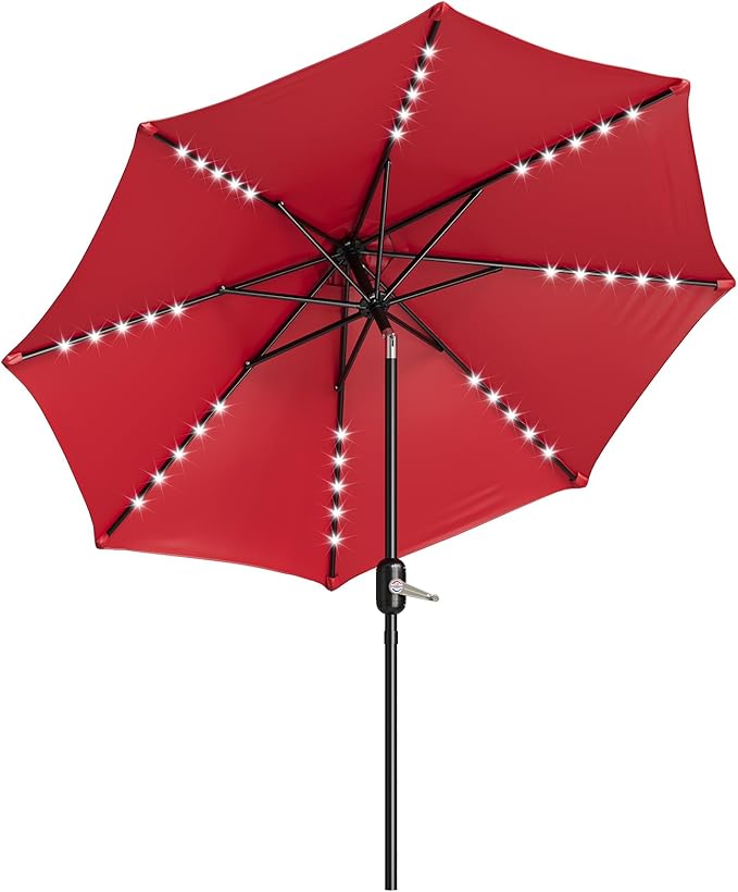10 Ft Patio Umbrella With Solar Lights - Outdoor Table Umbrella With 40 LED Lights, Tilt Crank, 8 Ribs Market Umbrella for Pool, Deck, Backyard, Tan