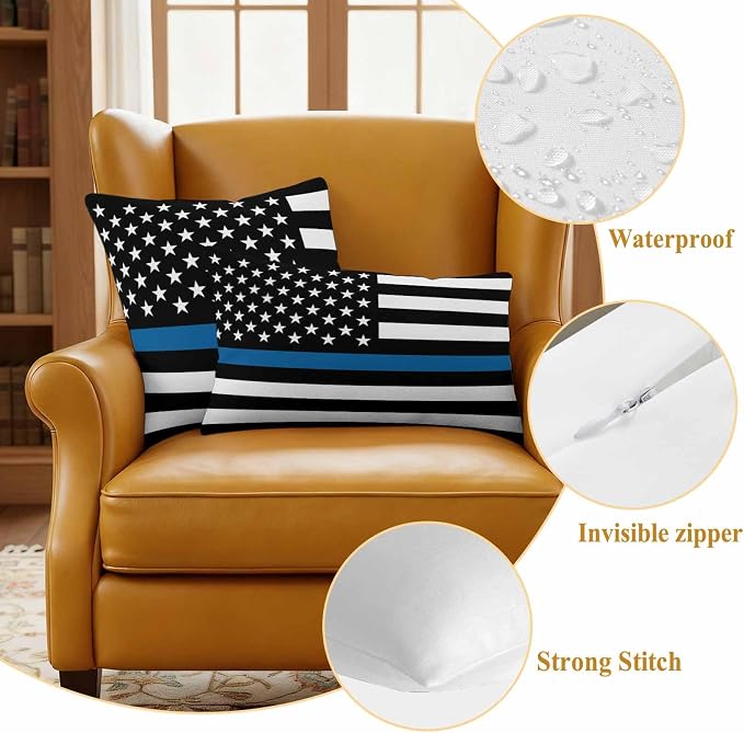 Blue Outdoor Waterproof Throw Pillow Covers Set of 2, 16"x16", Line Flag American Police Flag Honoring Law Enforcement Officers Decorative Pillow Covers Outside Cushion Case for Patio Porch Garden