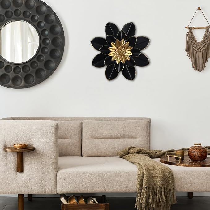 hogardeck Metal Flower Wall Decor, 16" Black & Gold Floral Metal Wall Art for Indoor Outdoor, Boho Modern Wall Decor for Bathroom, Living Room, Kitchen, Bedroom, Porch, Garden, Yard