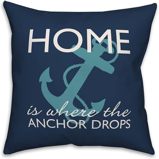 Home is Where The Anchor Drops Indoor/Outdoor Pillow | Decorative Pillows for Living Room Couch Bed Sofa Patio, Fluffy Soft Cushion | Water Resistant Blue, 18x18