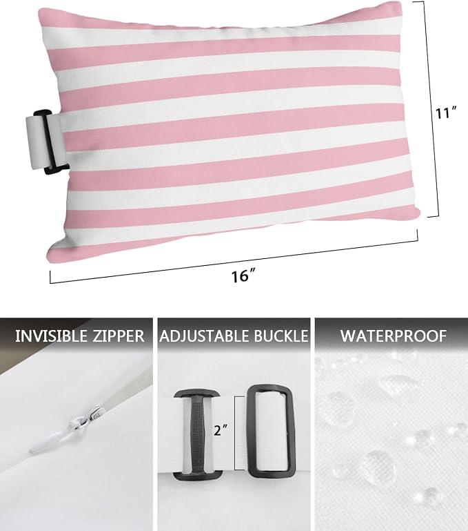 T&H XHome Outdoor Pillow for Chaise Lounge Chair, Pink and White Stripes Waterproof Headrest Pillow Lumbar Pillows with Adjustable Elastic Strap for Beach, Poolside, Patio, Office (2 Pack)