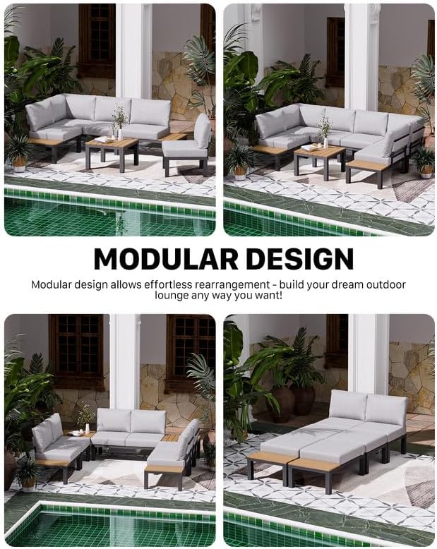 ZANDOR Aluminum Outdoor Patio Furniture Set, Movable Backrest Modular Sectional Sofa Set, Metal Conversation Set with 4-inch Thick Cushion for Garden Backyard Porch, 2 Side Table Sofas, Grey