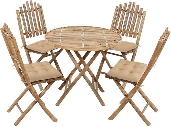 5 Piece Folding Bamboo Patio Dining Set with Cushions for Outdoor Use