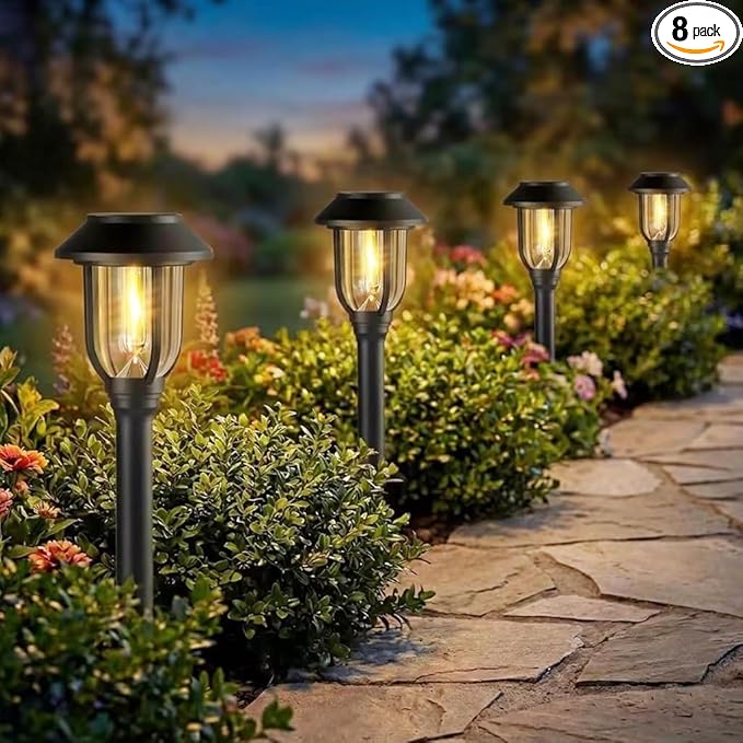 Solar Pathway Lights Outdoor 8 Pack, Warm White Solar Path Lights, Waterproof Energy Efficient Landscape Decorative Lights Auto On/Off, Solar Garden Lights for Yard Walkway Driveway Patio