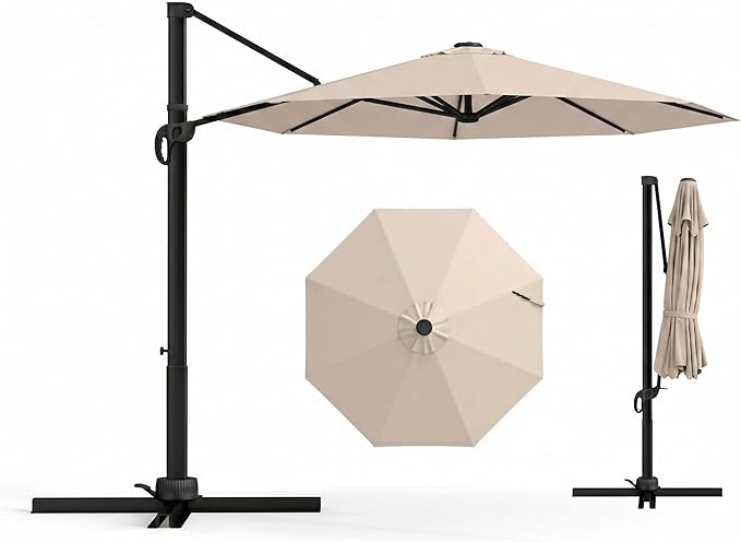 10 FT Round Cantilever Umbrella,Easy Tilt, Fade Resistant & 360° Rotation, Offset for Pool Deck Backyard Patiobeige (Base not Included)