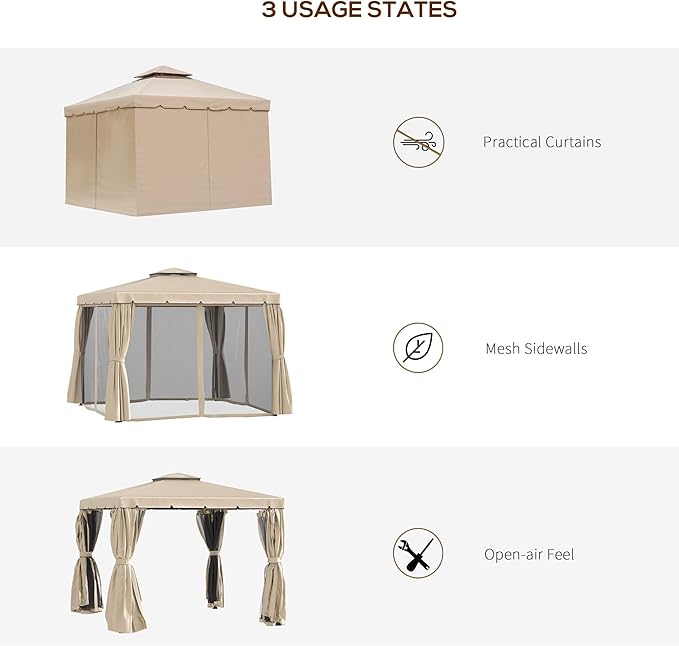 Outsunny 10' x 10' Patio Gazebo, Aluminum Frame Double Roof Outdoor Gazebo Canopy Shelter with Netting & Curtains, for Garden, Lawn, Backyard and Deck, Khaki