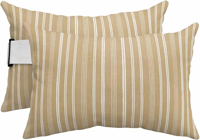 Pack of 4 Outdoor Lumbar Pillow Covers 12x20 Inch, Brown Beige Striped Waterproof Throw Pillow Covers Set, Farmhouse Stripes Modern Vintage Indoor&Outdoor Decorative Cushion Cases for Patio Porch Car