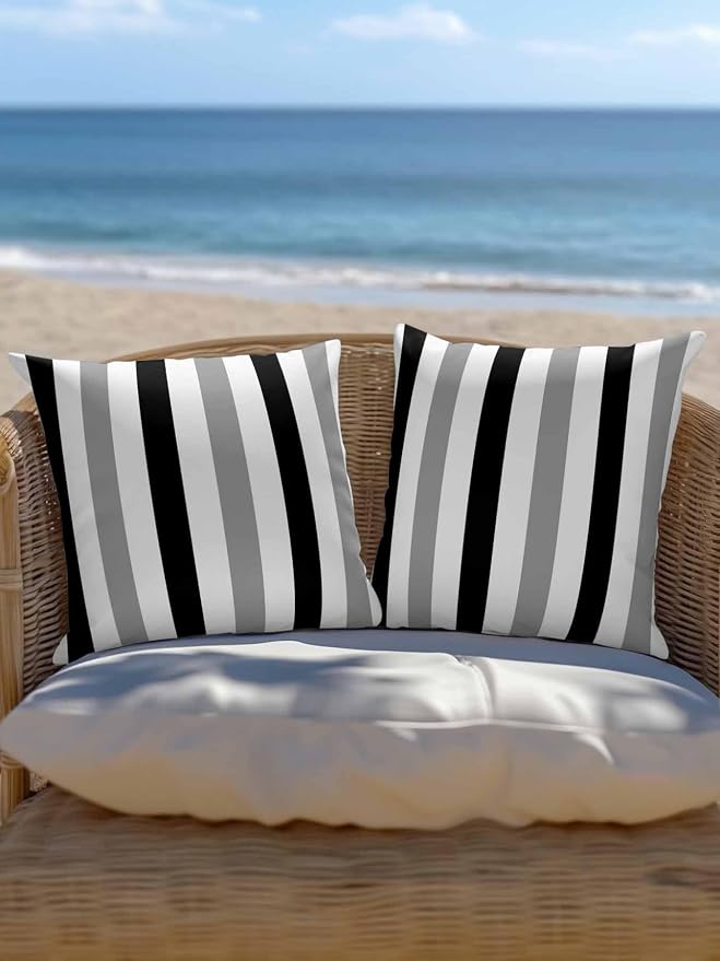 Outdoor Pillows Waterproof, Black Gray Striped Bedding Throw Pillows with Insert for Couch Sofa Bed, Farmhouse Stripe Art 16x16 Inch Pillowcases Decorative Camping Patio Pillow Set of 2