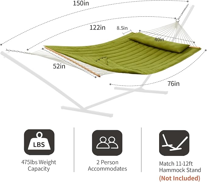 CHULIM Outdoor Double Hammock with Hardwood Spreader Bars, Large Rope Hammock with Polyester Pad and Pillow, 475 LBS Capacity for 2 Person Patio Backyard Poolside - Green