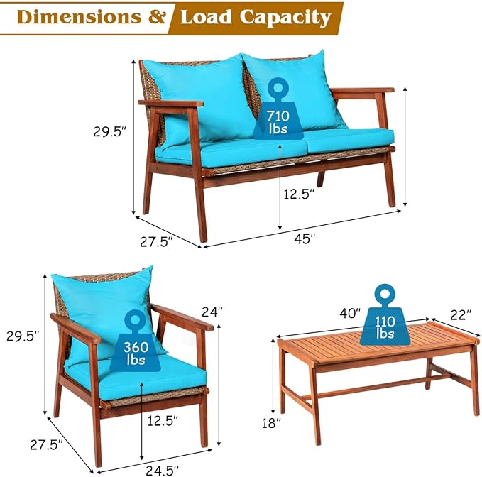 Tangkula 8 PCS Patio Wood Sofa Set, Outdoor Acacia Wood Seating Chat Set with Cushions & Coffee Table, Sectional Conversation Sofa Set for Garden, Backyard, Poolside (2, Turquoise)
