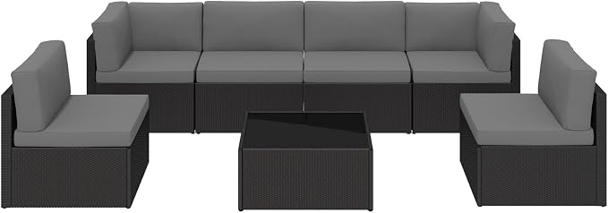 U-MAX 7 Piece Outdoor Patio Furniture Set, PE Rattan Outdoor Wicker Sectional Furniture Chair Set with Cushions and Tea Table, Black Rattan and Dark Grey Cushion
