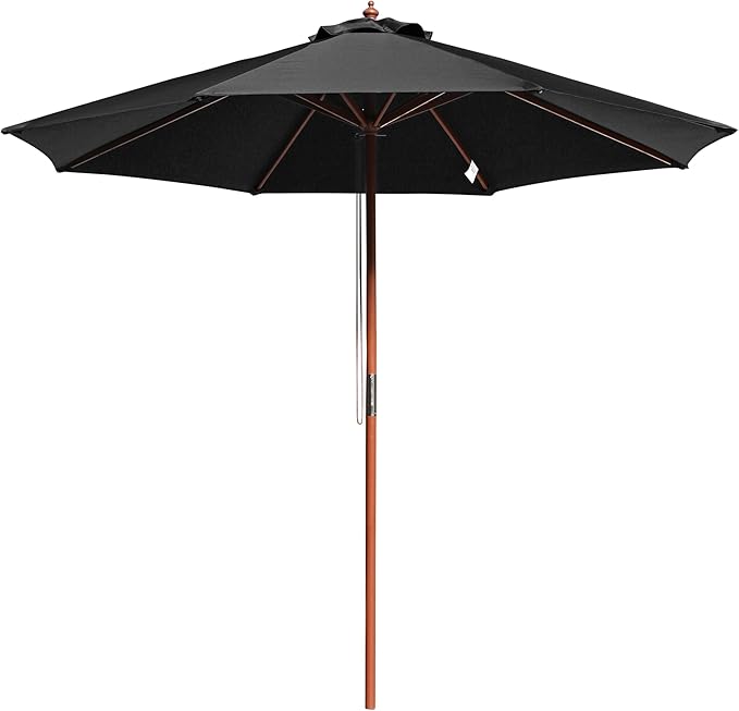 9 Ft Wooden Patio Umbrella 8 Ribs Table Parasol Rope Pulley Outdoor Garden Yard