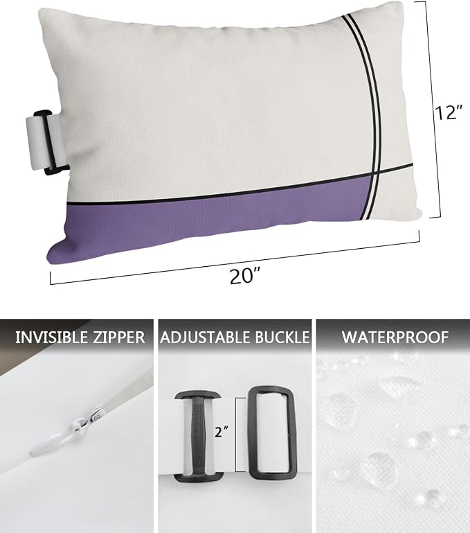 Outdoor Pillows Covers with Inserts Abstract Gemoetric Art Purple Color Block Waterproof Recliner Pillow with Adjustable Strap Throw Pillows for Patio Furniture Pool Lounge Chair, 12x20 inch, 1PCS