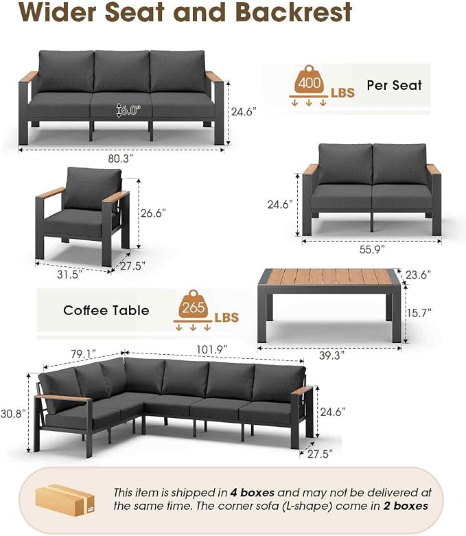 Aluminum Outdoor Patio Furniture Set 8 Seats, Outdoor Sectional Corner Sofa, Patio Conversation Set with Coffee Table & Washable Cushions, Furniture Set for Porch, Balcony, Deck, Graphite