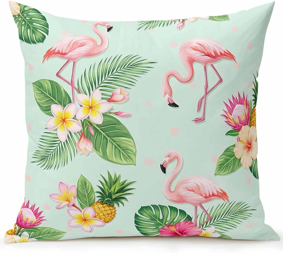 Outdoor Waterproof Throw Pillows 18x18in, Summer Flamingos Tropical Leaf Patio Pillows Pack of 1, Decorative Pillow Covers with Insert, Pillow Cushion Case for Garden Couch Sofa Pink Flower Pineapple