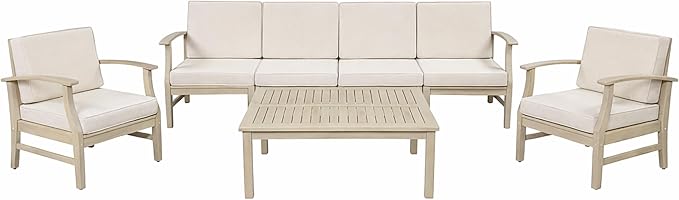 Christopher Knight Home Lila Acacia Wood Outdoor Patio Furniture Set for 6, Patio Conversation Set with 4-Seater Sofa + 2 Club Chairs and Coffee Table, Patio Sofa Set with Cushions, Light White+Sand
