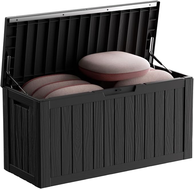 85 Gallon Resin Deck Box, Outdoor Waterproof Storage Containers, Lockable Patio Storage Box For Furniture, Gardening Storage With Lids (Black)