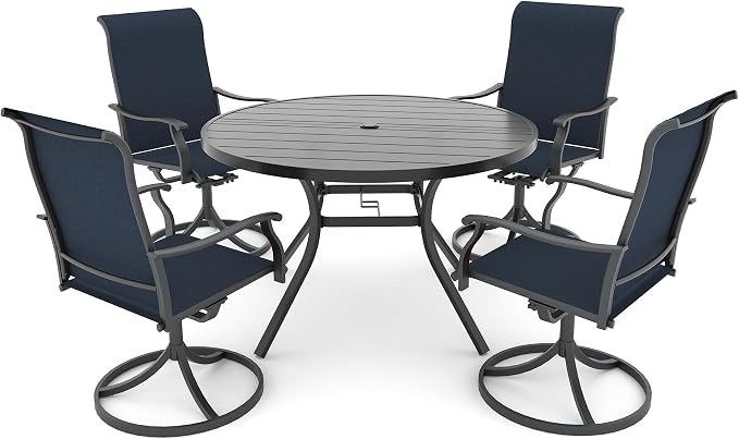 Anmutig 5-Piece Outdoor Dining Set, 48" Round Table with 4 Swivel Textilene Chairs All Weather Furniture Set - Blue