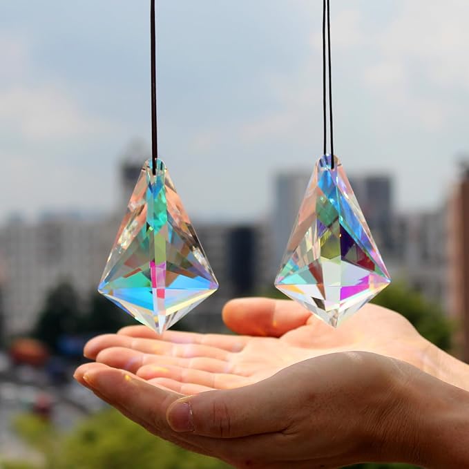 2PCS Cone Crystal Suncatcher Prisms for Windows (Chunky Cone) | AB Color, Transparent, K9 Glass, Rainbow Maker, with Hooks & Cord