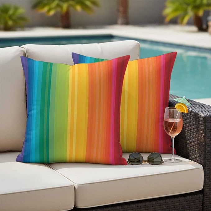 Colors Striped Outdoor Pillow Covers Set of 2 Rainbows Gradients Yellow Red Abstract Waterproof Throw Pillow Cover Decorative Cushion Cases for Patio Porch Garden 26X26 Inch