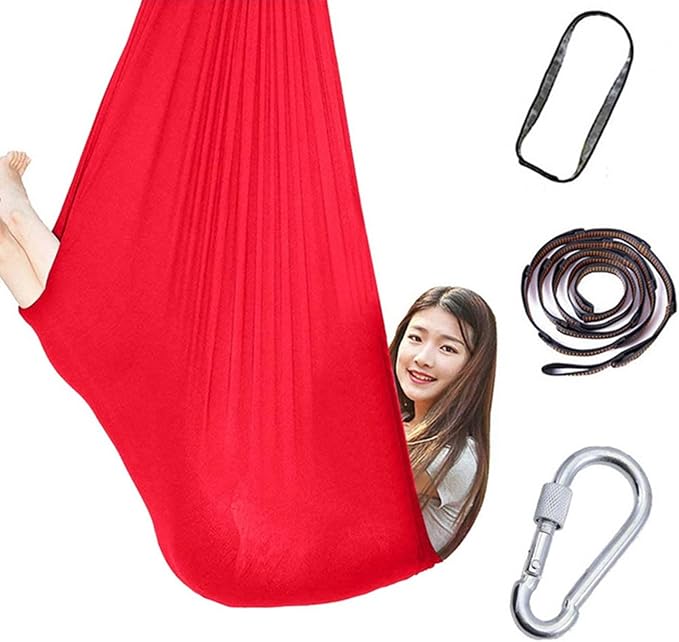 360° Rotating Elastic Aerial Yoga Hammock Outdoor Indoor Swings Aerial Yoga Sensory Therapy Cuddle Swing Soft Elastic Parcel Steady Seat Swing (Color : Rose red, Size : 150x280cm)
