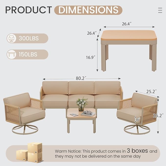 EROMMY 5 Seats Patio Furniture Set, Metal Frame Outdoor Swivel Glider Rocking Chairs with 6" Thick Cushions, 3-Seat Sofa & Coffee Table, Patio Conversation Sets for Backyard, Poolside & Balcony, Beige