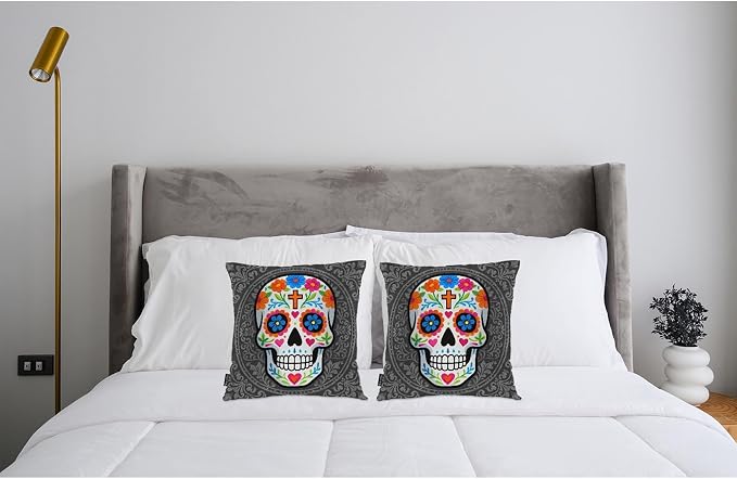 Swono Sugar Skull Set of 2 Square 18x18 Inch Throw Pillow Cover Mexican Day of The Dead Sugar Skull Rose Soft Pillowcases Pillow Cushion Covers for Home Sofa Couch Garden Bench Car Decoration