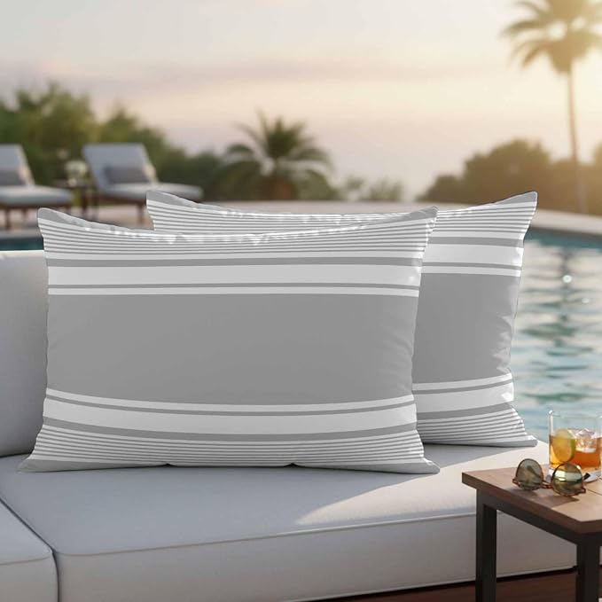 Outdoor Waterproof Throw Pillow Covers, Grey Striped Decorative Pillow Cases, Modern Color Block Farmhouse Stripes Couch Pillow Protector Patio Sofa Cushion Covers Replacement 20"x12" 2 Pack