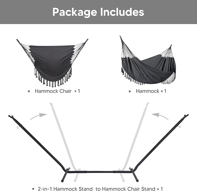 SUNCREAT 2-in-1 Hammocks Convertible Portable Double Hammock with Stand Included, Outdoor Hammock and Stand, Patented, Dark Grey with Tassel